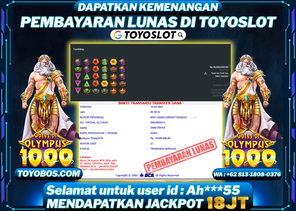 TOYOSLOT - BUKTI KEMENANGAN MAXWIN Gates of Olympus 1000 Ah***55 Rp18,000,000,- LUNAS